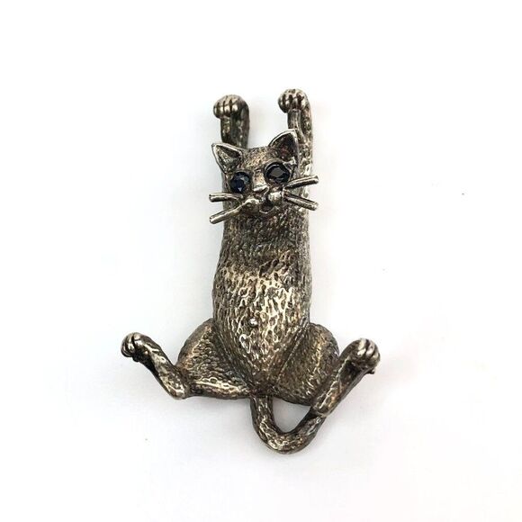 Vintage Sterling Silver Cat Pendant Necklace Charm "Hang-in-There" 3-D Gemstones - Picture 8 of 8